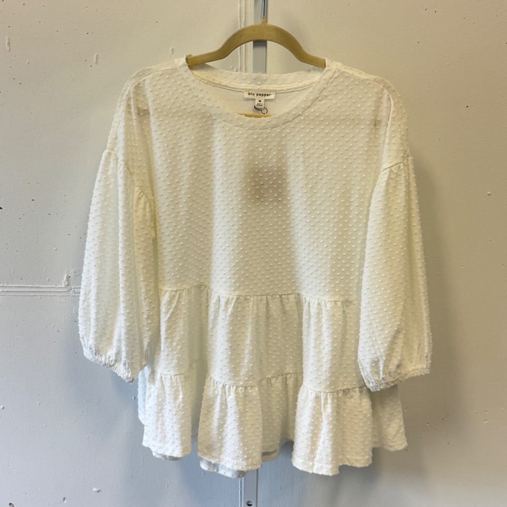 NWT‎ Blu Pepper White Swiss Dot Tiered Babydoll Top Balloon Sleeve BIST1105 Med